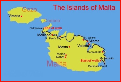 Map of the route from Marsaxlokk/Delimara Point to Cirkewwa
